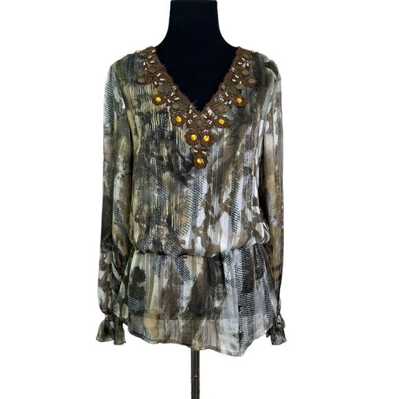 Mushka by Sienna Rose sheer embellished V-Neck Long Sleeve Blouson size S - Picture 1 of 15